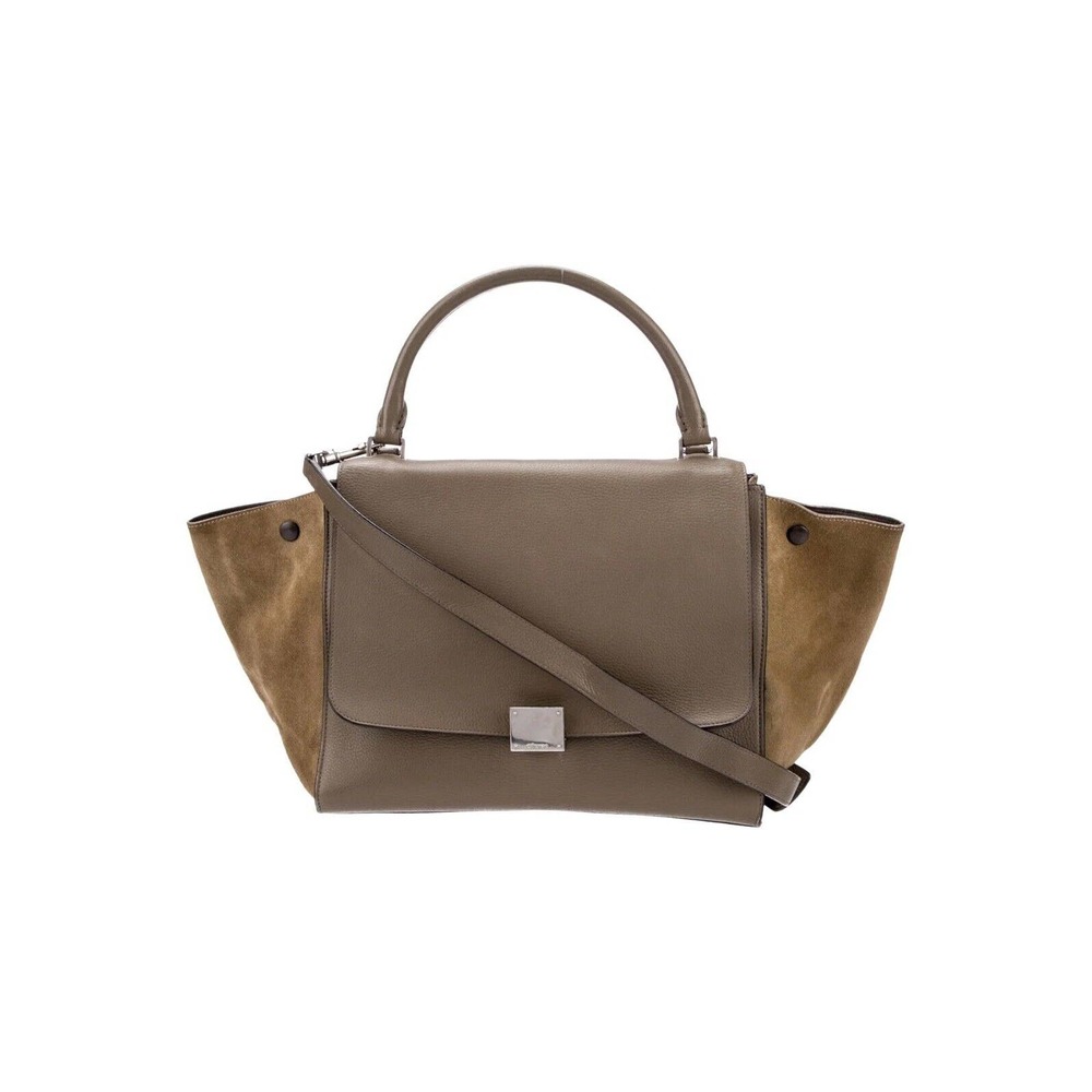 Celine Trapeze Moss Green Calfskin Suede Leather Shoulder Bag Tote Medium